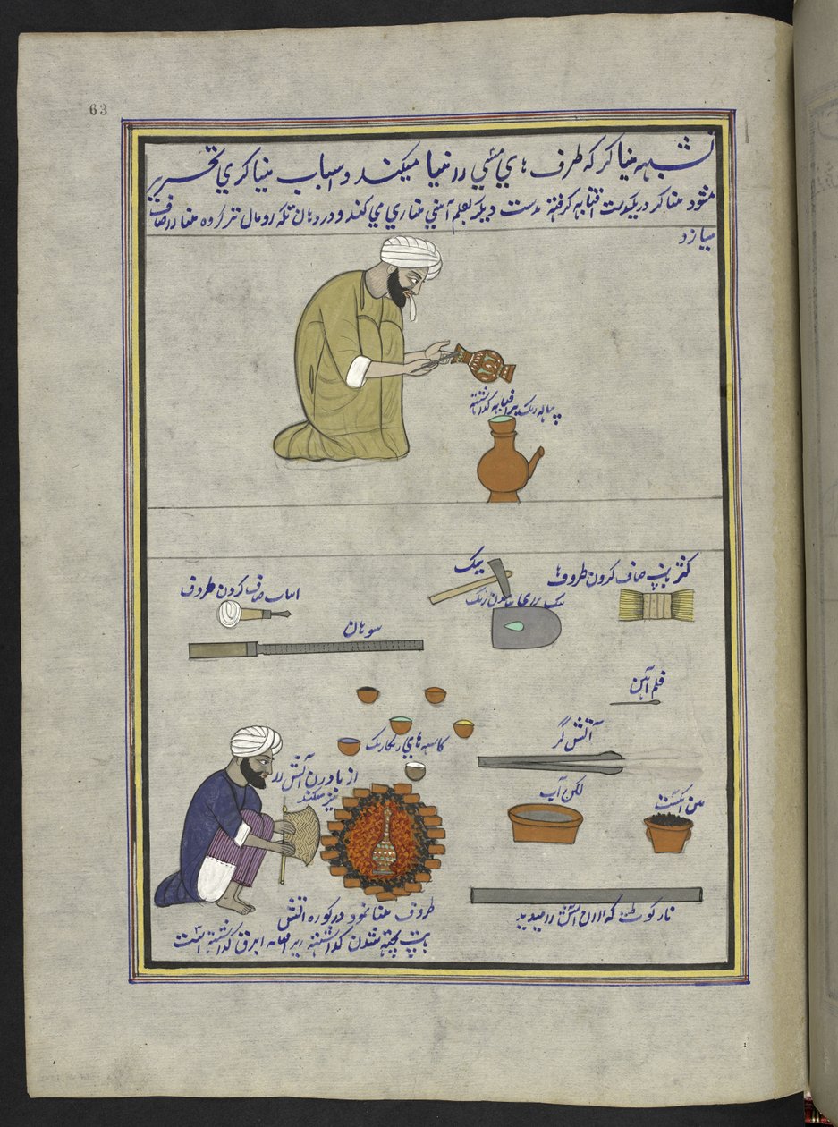 مينا وعاء ،  86 رسمة مجمعة في مجلد تصور الحرف والمهن في كشمير ، يظهر الحرفيون في العمل بأدواتهم ومعداتهم ،  بواسطة فنان من كشمير ، ربما في سريناغار ، حوالي 1850-60 (غواش على ورق) بواسطة المدرسة الهندية