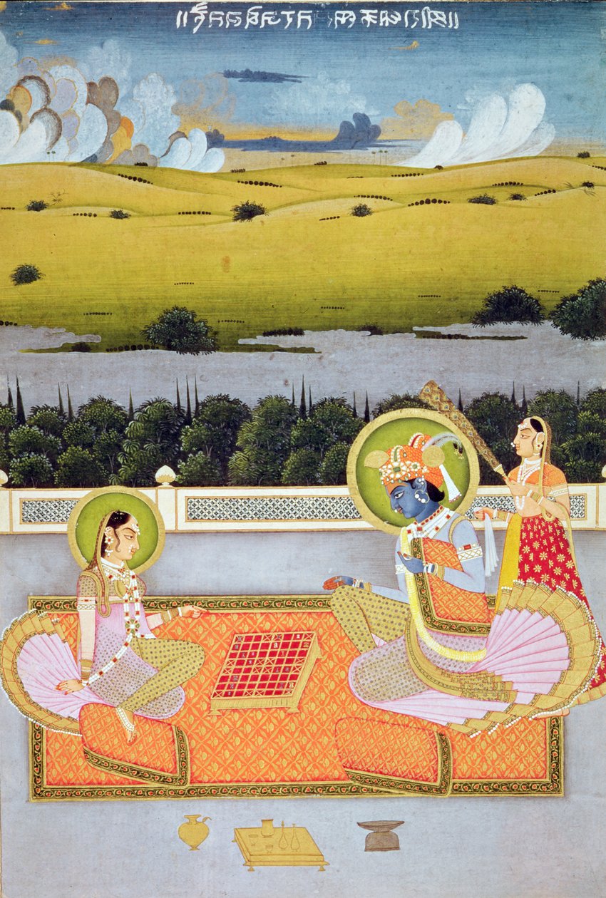 أميران يلعبان المسودات ، مدرسة راجستان ، c.1750 بواسطة المدرسة الهندية