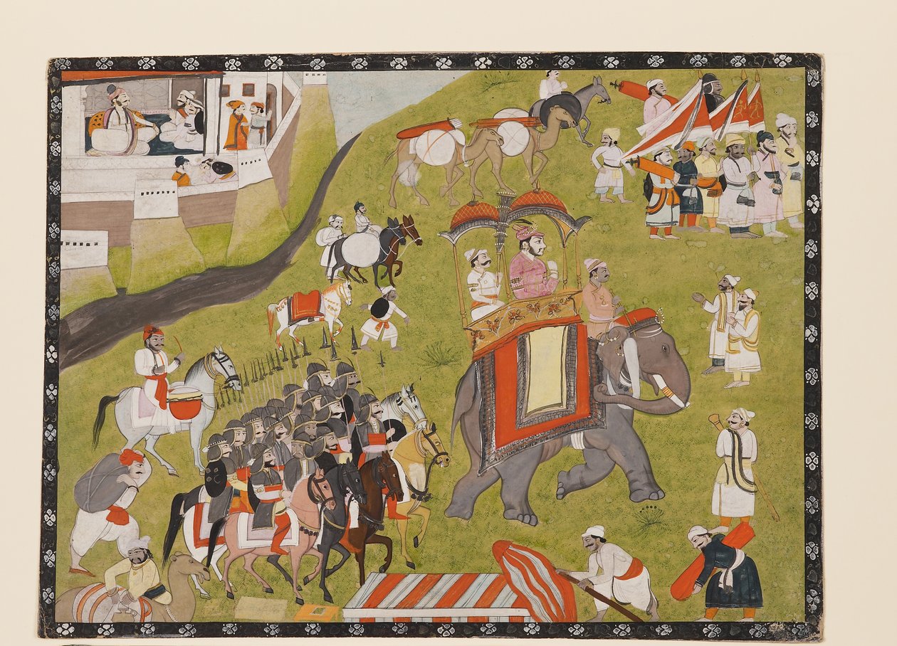 موكب رجا على فيل مع مرافقة وخدام مسلحين ، النصف الثاني من القرن التاسع عشر (غواش على ورق) بواسطة المدرسة الهندية