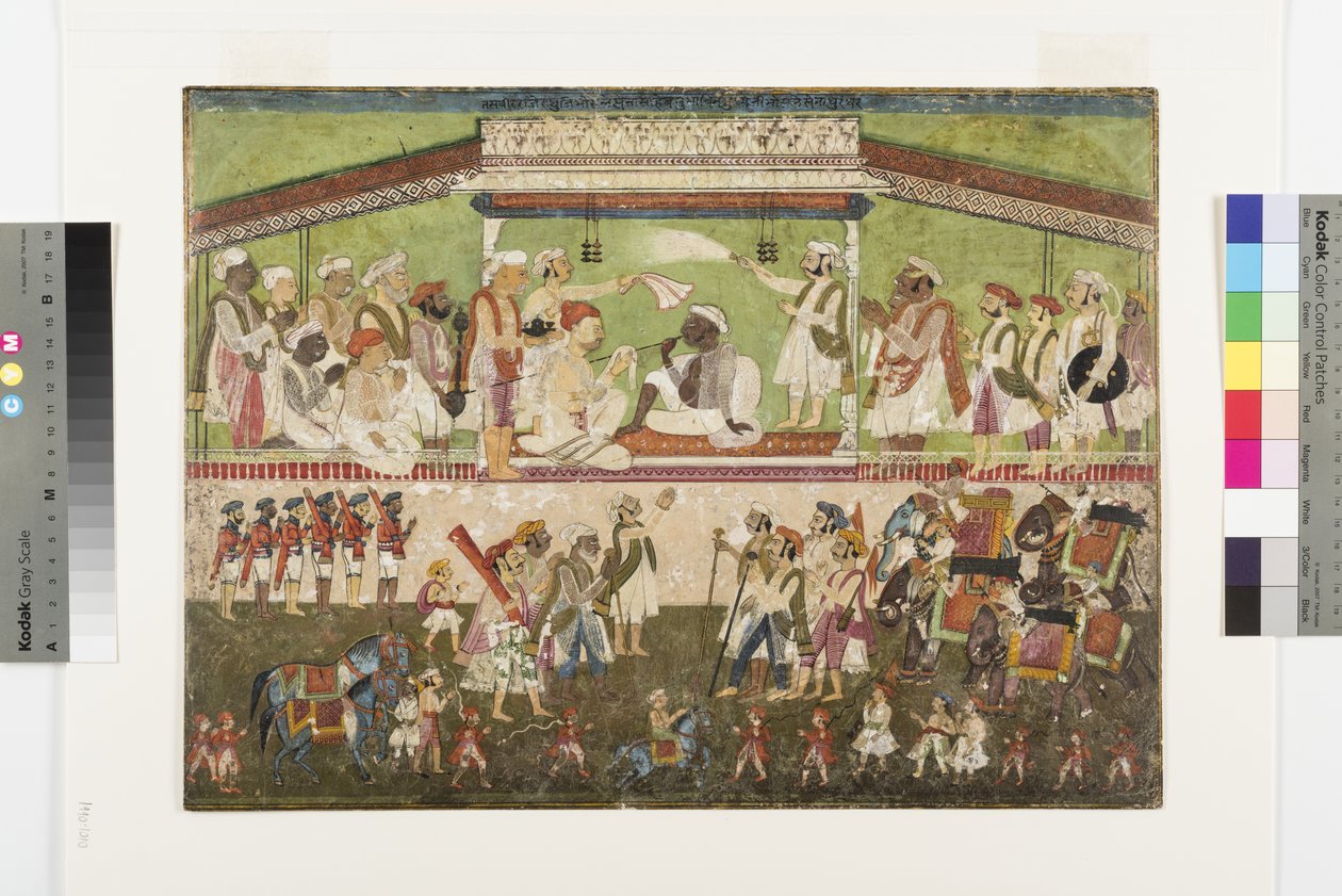 راغوجي بونسل الثاني يترأس مراجعة عسكرية ، ج .1790 بواسطة المدرسة الهندية