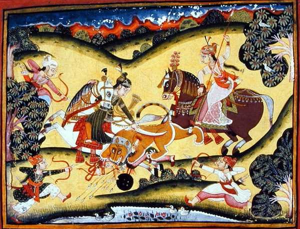 أميرات راجبوت تقتل أسدًا ، مدرسة بوندي ، حوالي 1810-20 (جواش على ورق) بواسطة المدرسة الهندية