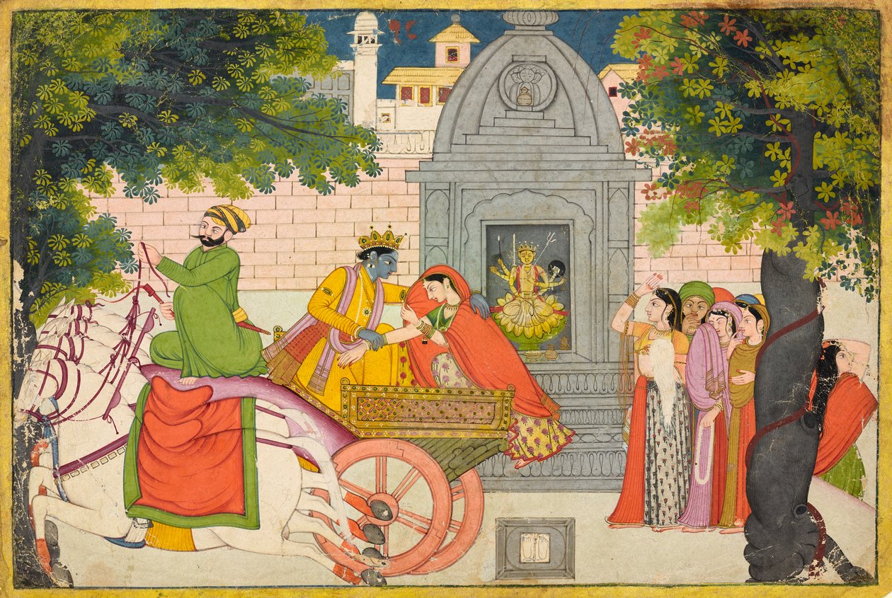 Rukmini يهرب مع كريشنا ، الورقة من Bhagavata Purana ، c.1780 بواسطة المدرسة الهندية