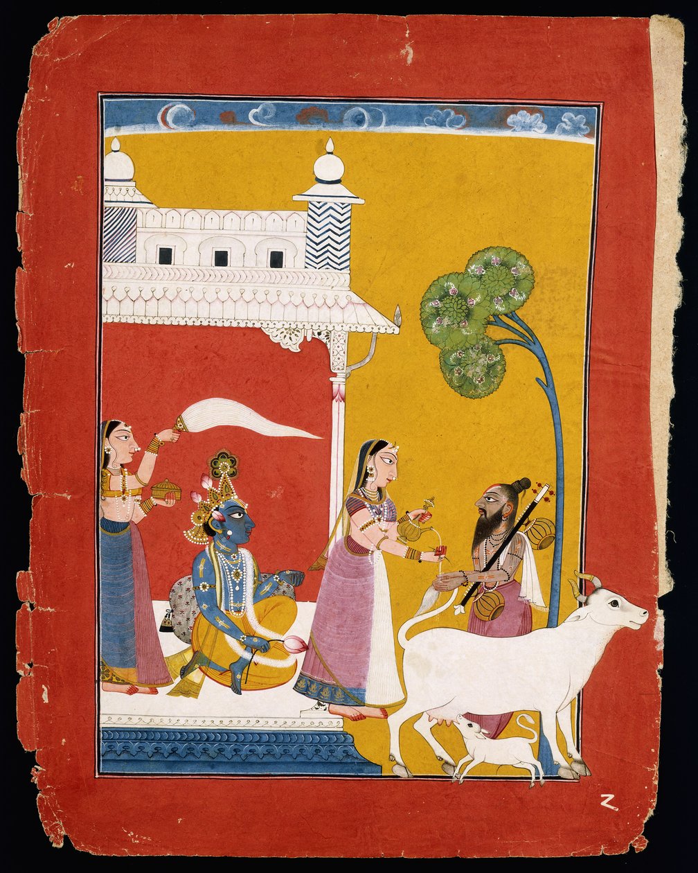 Rukmini تقدم الماء للحكيم نارادا بينما يجلس زوجها كريشنا في منزلها ، c.1725-1730 بواسطة المدرسة الهندية