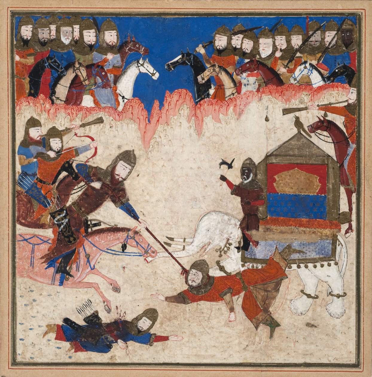 رستم لاسوس خاقان الصيني ويسحبه من فيله ، 1450 (مرحاض غير شفاف وذهب على ورق) بواسطة المدرسة الهندية