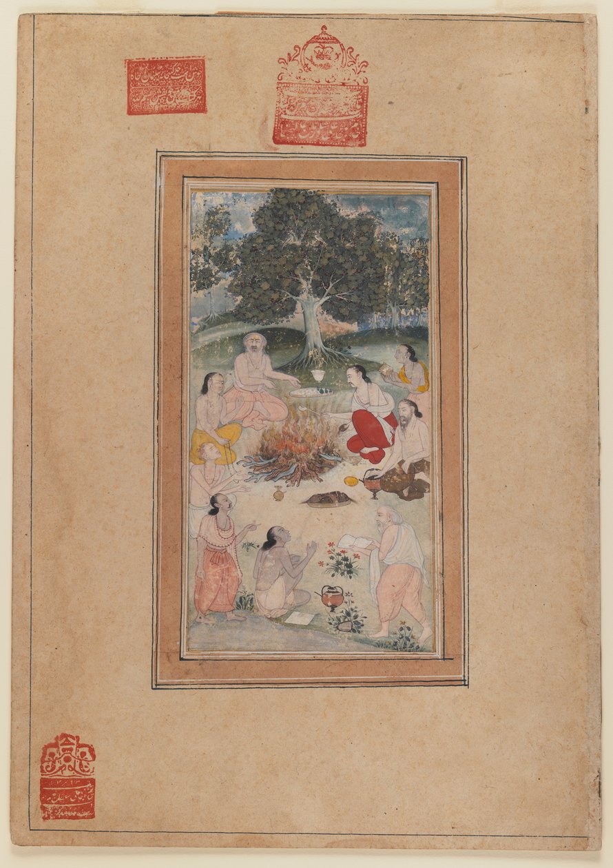تجمع Sadhus حول حريق ، c.1600 (مرحاض على ورق) بواسطة المدرسة الهندية