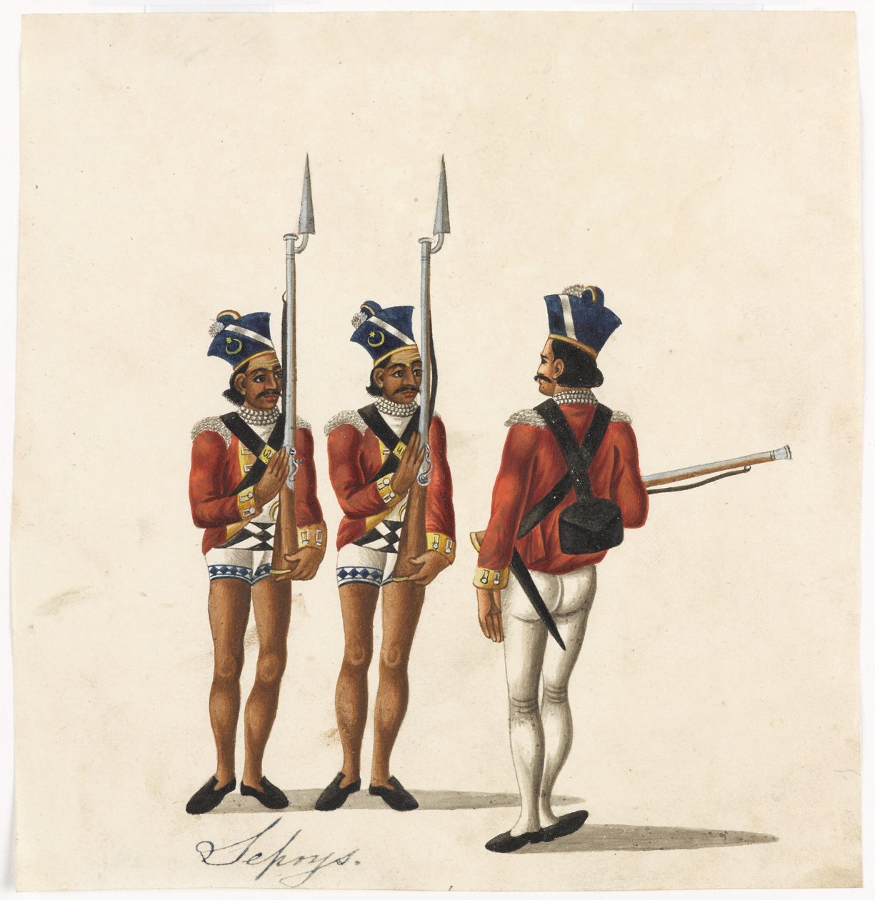 Sepoys وضابط هندي ، جيش البنغال ، حوالي عام 1815 (ألوان مائية على ورق) بواسطة المدرسة الهندية