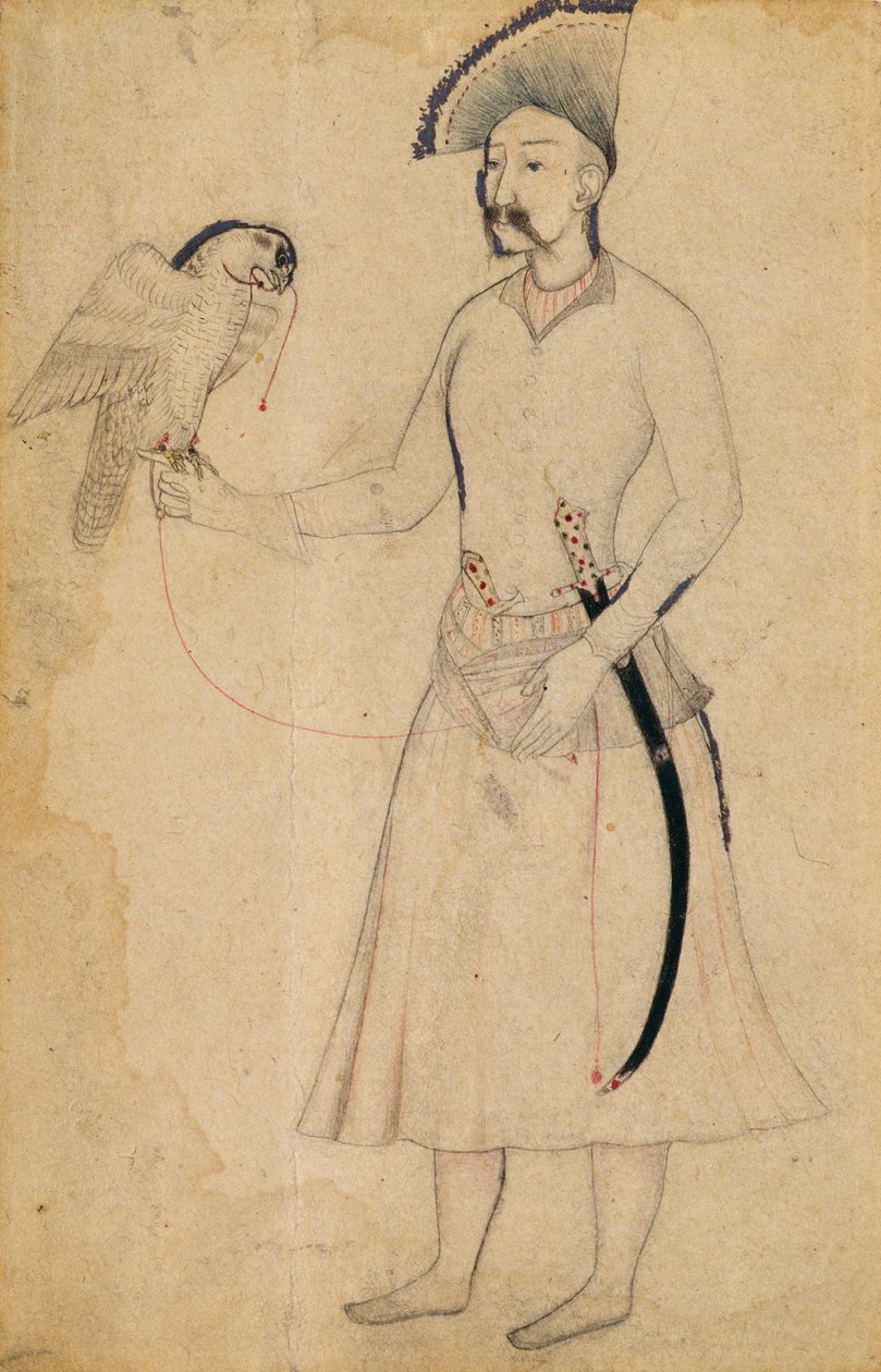 شاه عباس الأول من بلاد فارس (1588-1629) وهو يحمل صقرًا ، بعد أصل أصلي من القرن السابع عشر ، موغال ، أوائل القرن التاسع عشر (رسم بالفرشاة على الورق) بواسطة المدرسة الهندية
