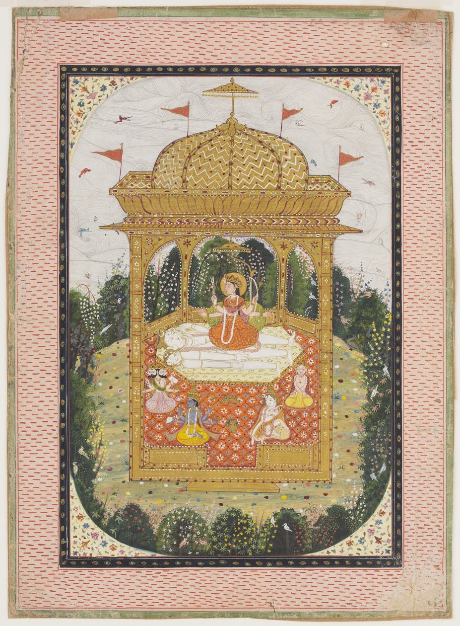 شاكتي مع شيفا والآلهة الأخرى في معبد ، ج .1780 (الغواش والذهب على الورق) بواسطة المدرسة الهندية