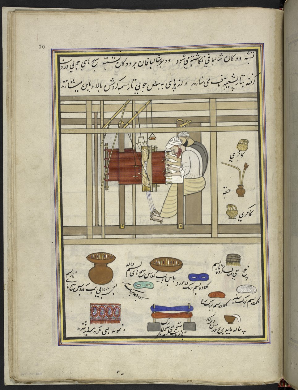 نساجون شال ينسجون شالات على نول ، 86 رسمة مجمعة في مجلد يصور الحرف والمهن في كشمير ، يظهر الحرفيون في العمل بأدواتهم ومعداتهم ، من قبل فنان من كشمير ، ربما في سريناغار ، 1850-60 (الغواش على ورق بواسطة المدرسة الهندية