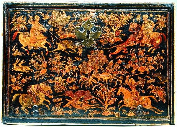 جانب من خزانة كتابة تصور الصيد النبلاء ، القرن السابع عشر (الخشب المطلي) بواسطة المدرسة الهندية