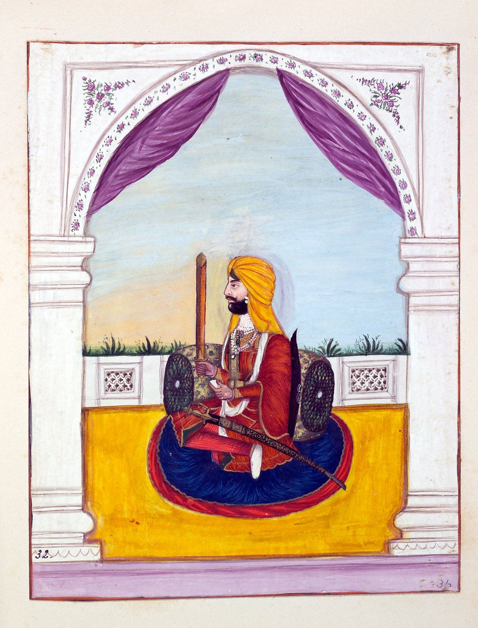 Sirdar Runjodh Singh (Majithia) ، من مملكة البنجاب ، حكامها ورؤساءها ، المجلد الثاني ، مجلد من 30 دراسة بالألوان المائية لفنان هندي غير معروف ، c.1840 (مرحاض على ورق) بواسطة المدرسة الهندية
