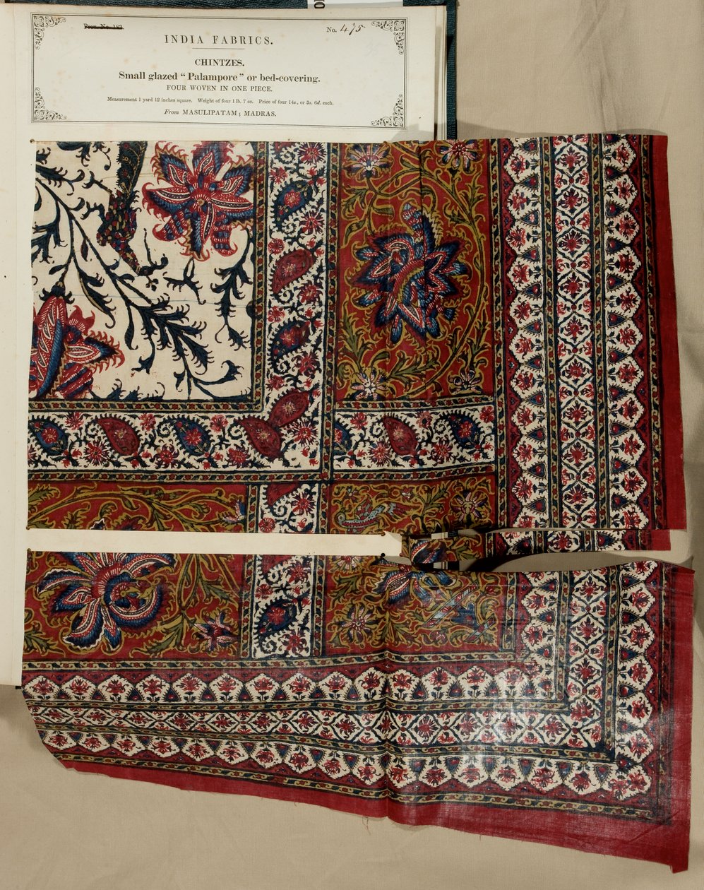 عينة صغيرة من الزجاج أو غطاء السرير المزجج من Masulipatam في مدراس ، من مجموعة مصنعي المنسوجات في الهند ، بقلم جون فوربس واتسون ، نُشر في عام 1866 بواسطة المدرسة الهندية