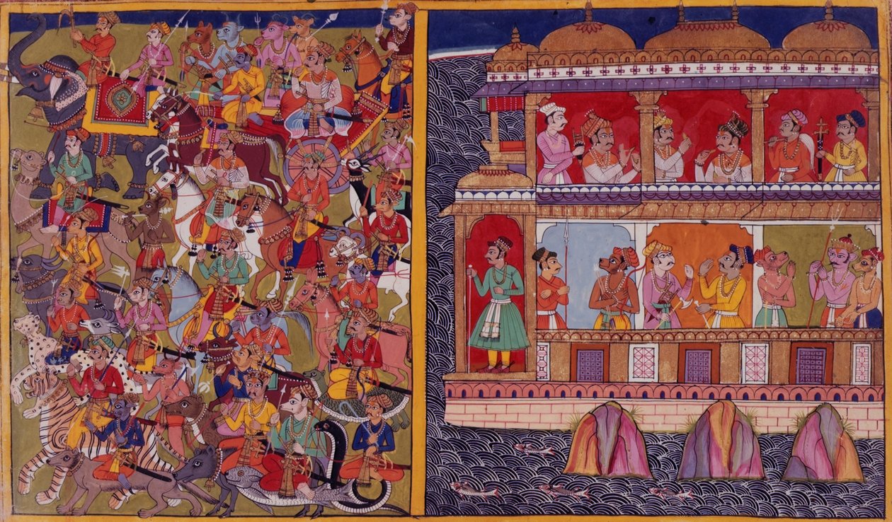 أبناء Sukesha يستعدون للمعركة ، من 'Ramayana ، Uttara Kanda' 1653 (ورق) بواسطة المدرسة الهندية