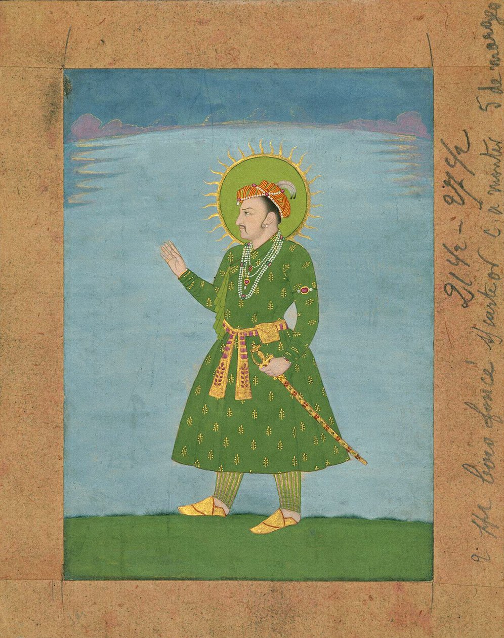 الإمبراطور المغولي الرابع جهانجير (1605-1627) ، ج. رسم المنمنمات في أوائل القرن السابع عشر (الحبر والأصباغ على ورق بني) بواسطة المدرسة الهندية