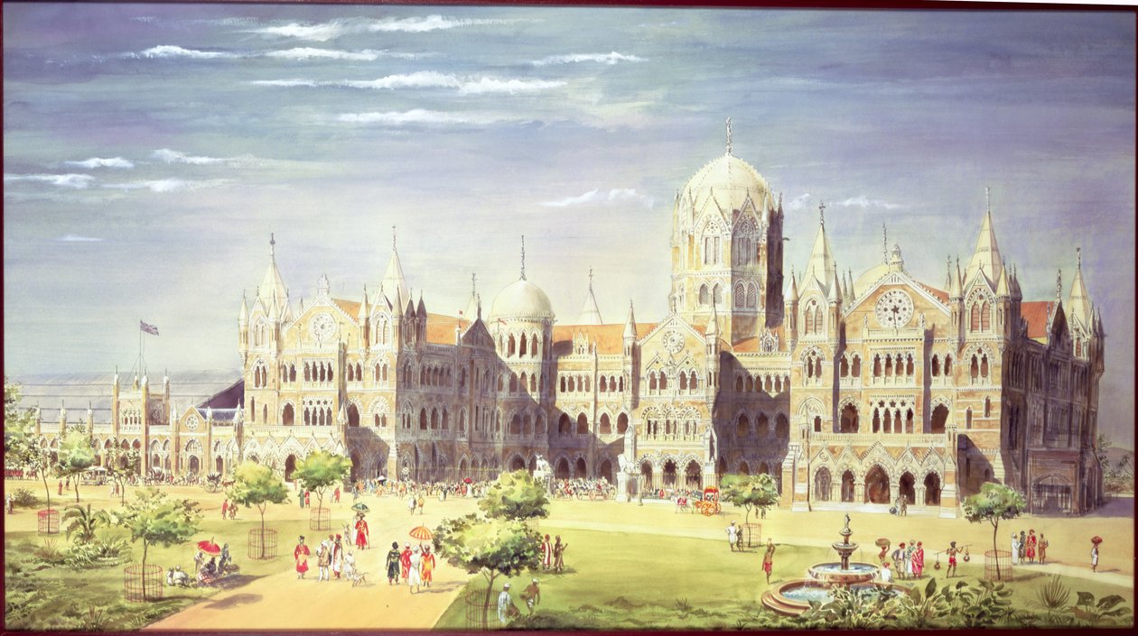 محطة Chatrapati Shivaji Terminus ، مومباي ، الهند ، 1900 (لون الجسم على الورق) بواسطة المدرسة الهندية