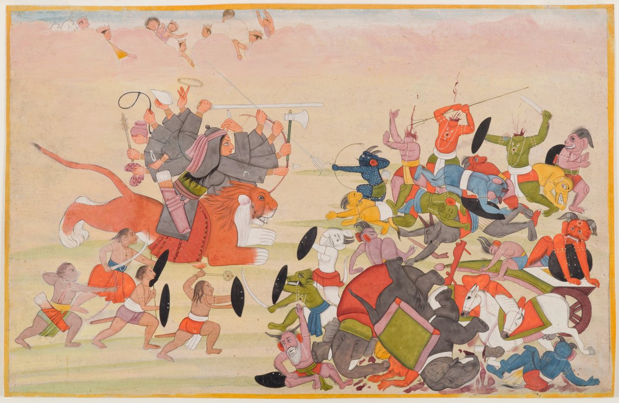 ديفي يهزم ماهيساسورا ، الورقة من سلسلة ديفي ماهاتمييا المتفرقة ، c.1770-80 (مرحاض على ورق) بواسطة المدرسة الهندية