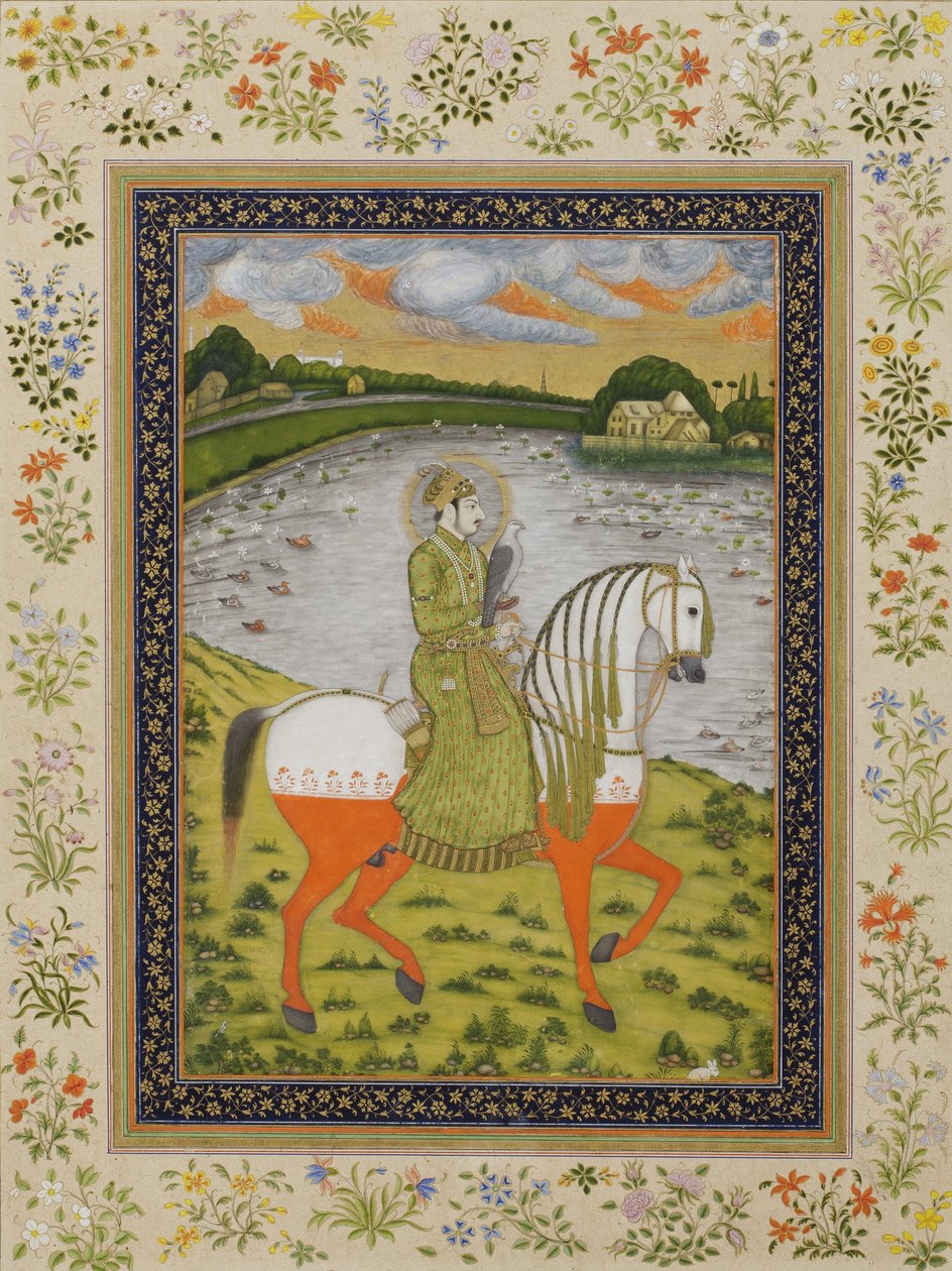 الإمبراطور محمد شاه ، الفروسية ، في مجال الصيد ، حوالي 1750 (مرحاض غير شفاف وذهب على ورق) بواسطة المدرسة الهندية
