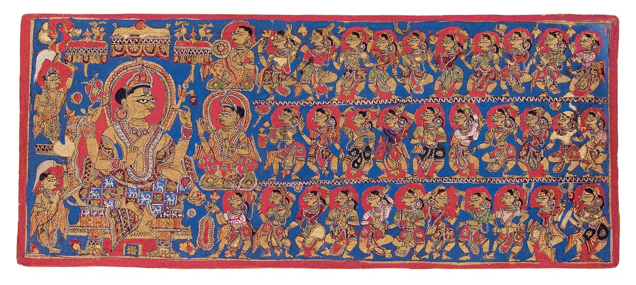 محكمة إندرا السماوية ، من &39;Devasanaparo Bhandar&39; Kalpasutra ، حوالي 1475 (ألوان مائية غير شفافة وذهبية على ورق) بواسطة المدرسة الهندية