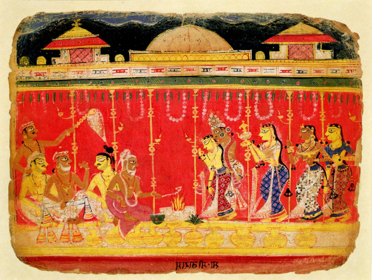 زواج آباء كريشناس ، من مخطوطة متفرقة من Bhagavata Purana من Mewar ، راجستان ، c.1520-50 (مرحاض غير شفاف على الورق) بواسطة المدرسة الهندية