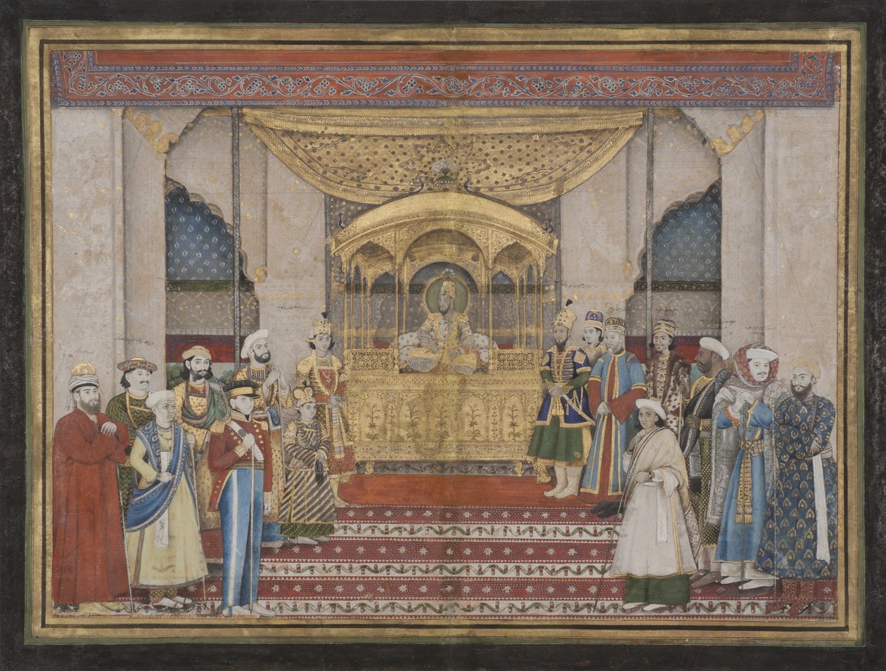 الإمبراطور المغولي بهادور شاه الثاني في دربار ، 1839 (مرحاض غير شفاف وذهب على ورق) بواسطة المدرسة الهندية