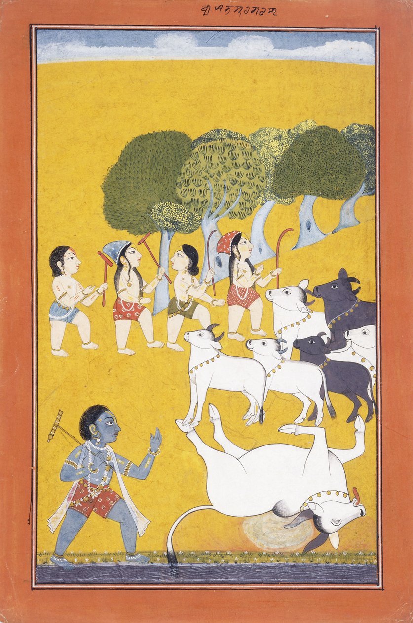 الشاب كريشنا يقتل الشيطان فاتسورا ، الذي جاء تحت غطاء العجل ، 1730-1740 بواسطة المدرسة الهندية