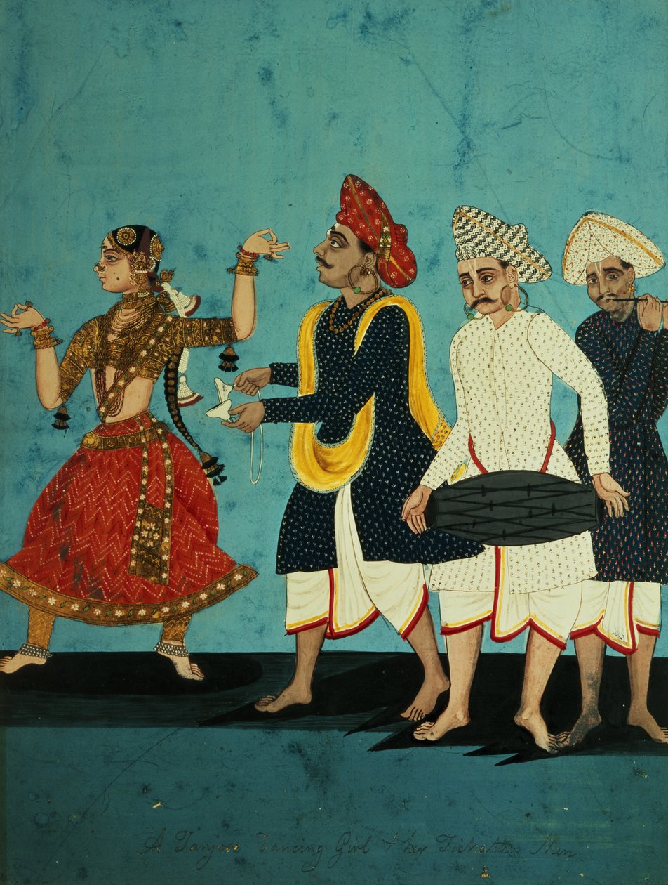 ثلاثة موسيقيين وفتاة راقصة ، تانجور ، تاميل نادو ، ج .1850 بواسطة المدرسة الهندية