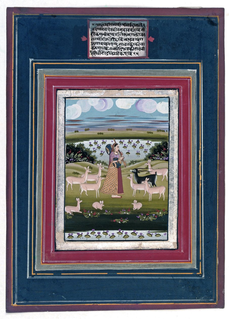 Todi ragini - سيدة تلعب فينا في المناظر الطبيعية مع الحيوانات ، 1810-1820 بواسطة المدرسة الهندية