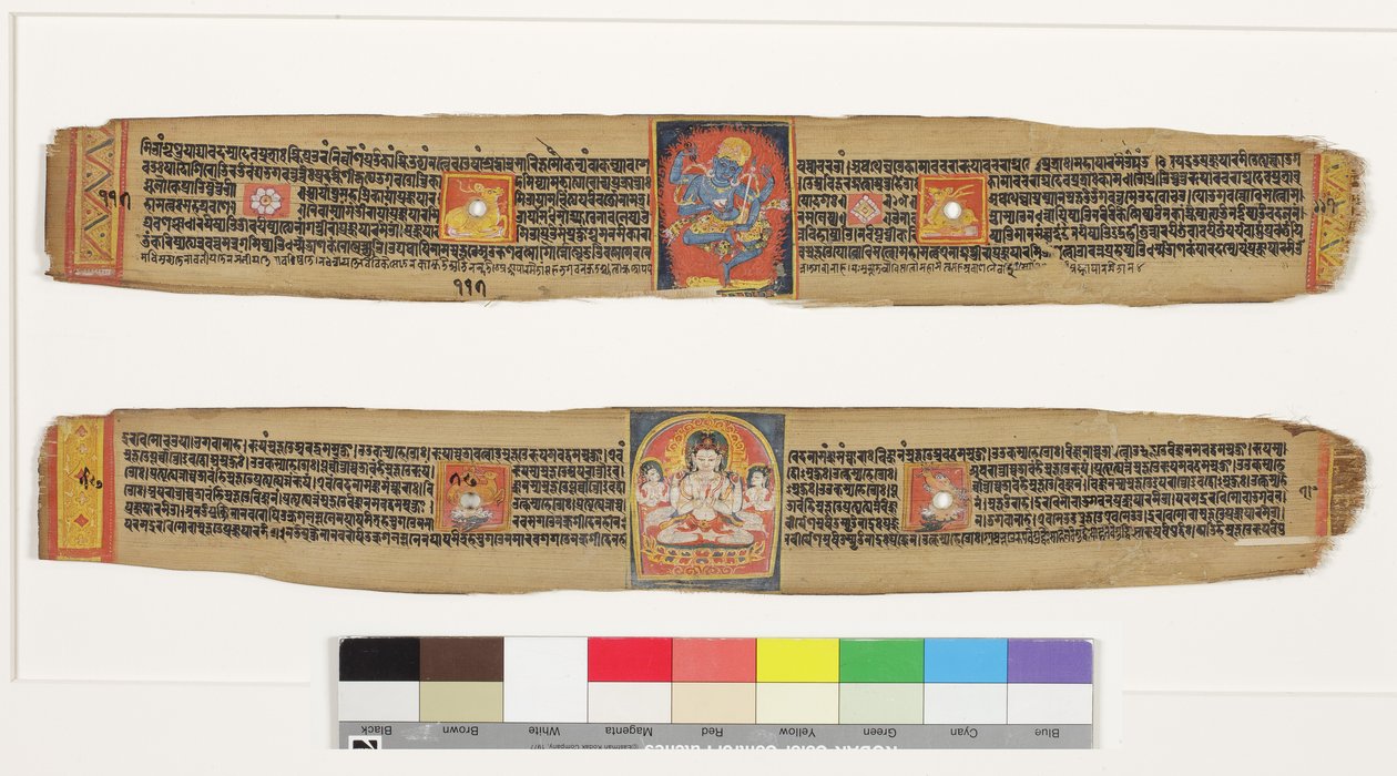 أعلى: الرقص Heruka. الجزء السفلي: بوديساتفا سادكساري أفالوكيتسفارا والحاضرون ، c.1150-1200 (أوراق النخيل على مرحاض وحبر غير شفافين) بواسطة المدرسة الهندية
