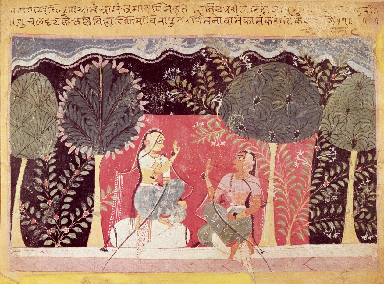 أميران في حديقة ، من Gita Govinda بواسطة المدرسة الهندية