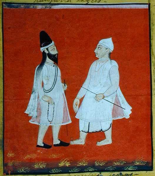 اثنان من الفقير المتجولين المسلمين (جانجام) المتسولين الدينيين ، أودايبور ، حوالي 1810-20 (جواش على ورق) (تفصيل) (انظر أيضًا 136600) بواسطة المدرسة الهندية