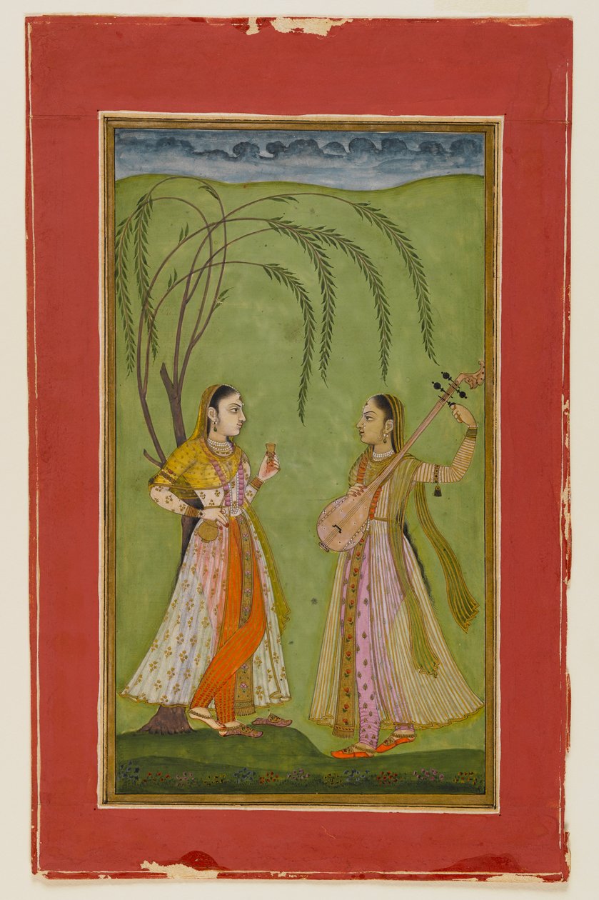 سيدتان في المناظر الطبيعية ، ج .1725 (مرحاض غير شفاف على الورق) بواسطة المدرسة الهندية