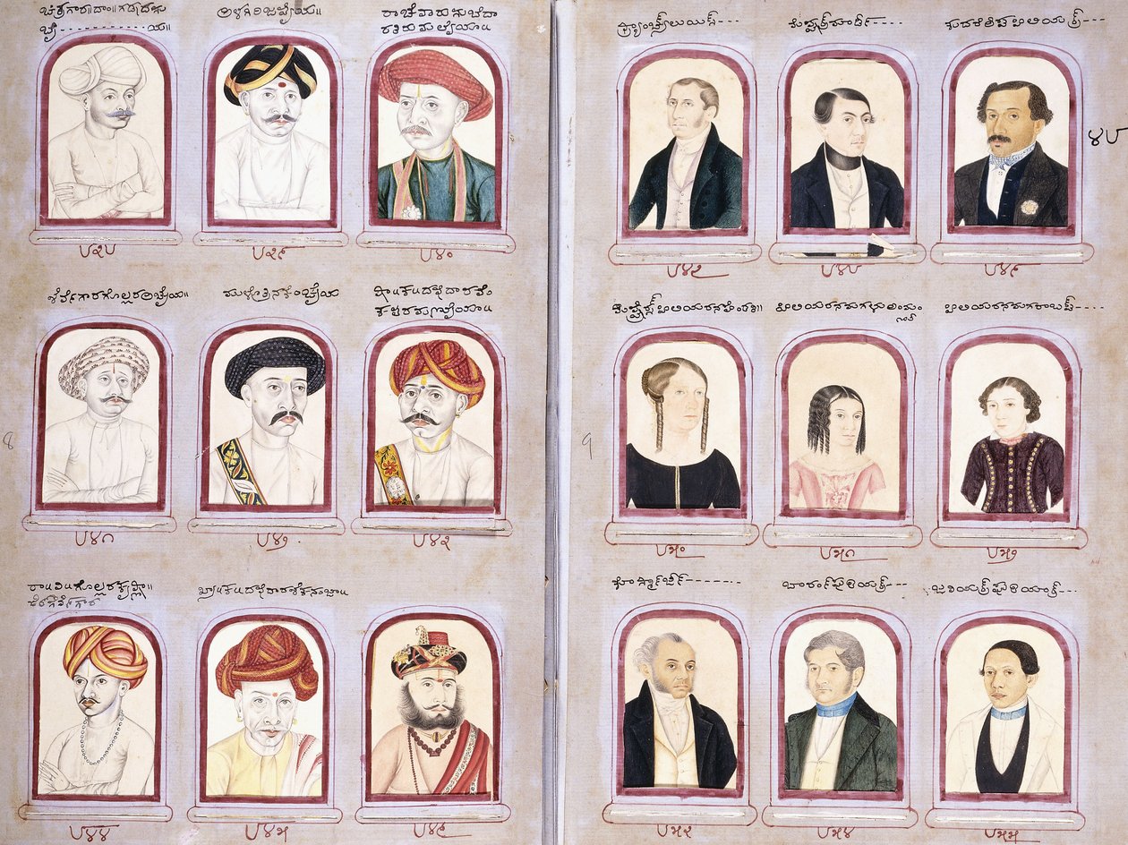 ورقتان من ألبوم للصور الأصلية والأوروبية ، c.1830-1850 بواسطة المدرسة الهندية