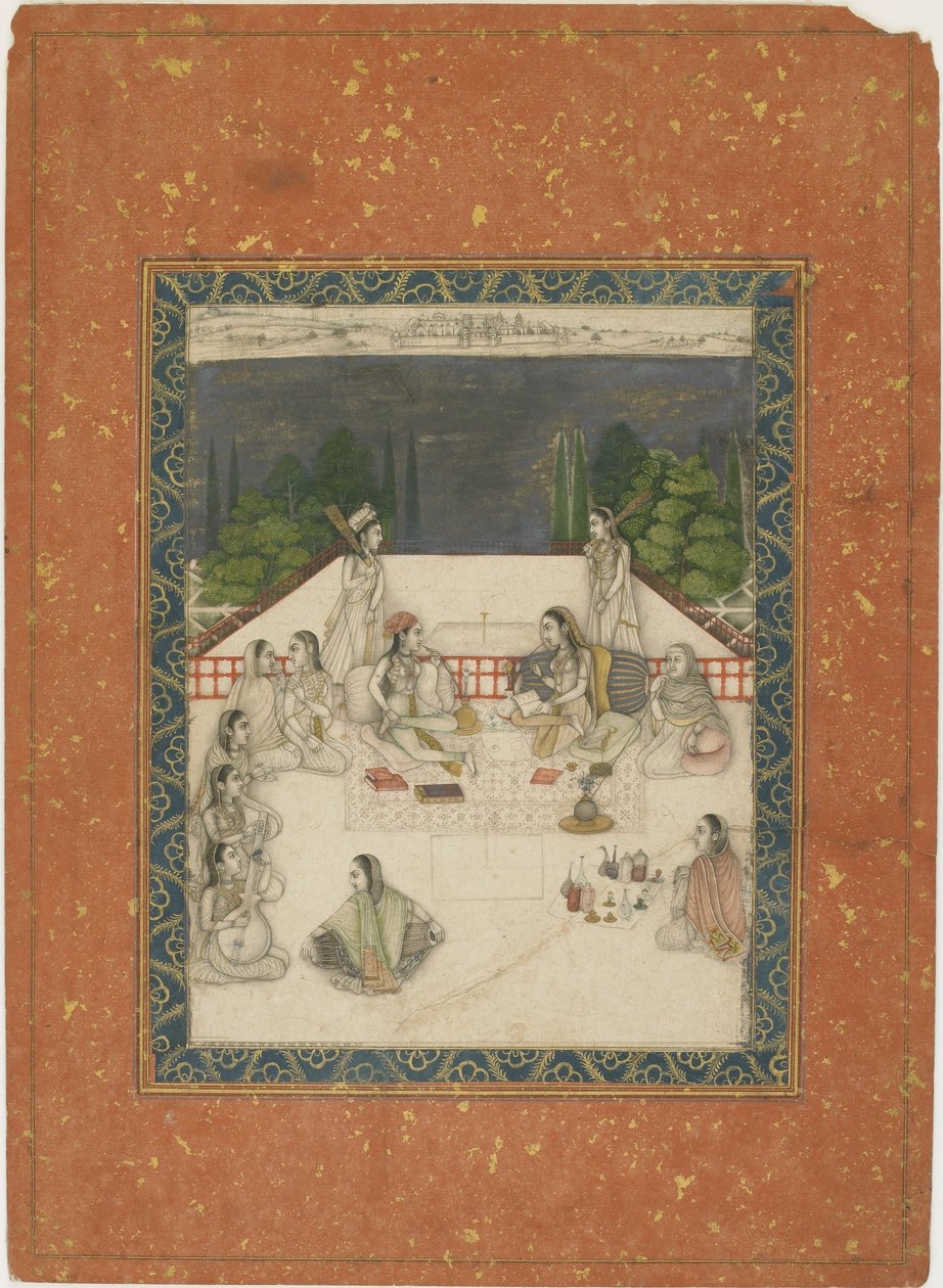 امرأتان تجلسان على الشرفة ، ويحيط بهما الحضور والموسيقيون ، 1650 ج (مرحاض غير شفاف وذهب على ورق) بواسطة المدرسة الهندية