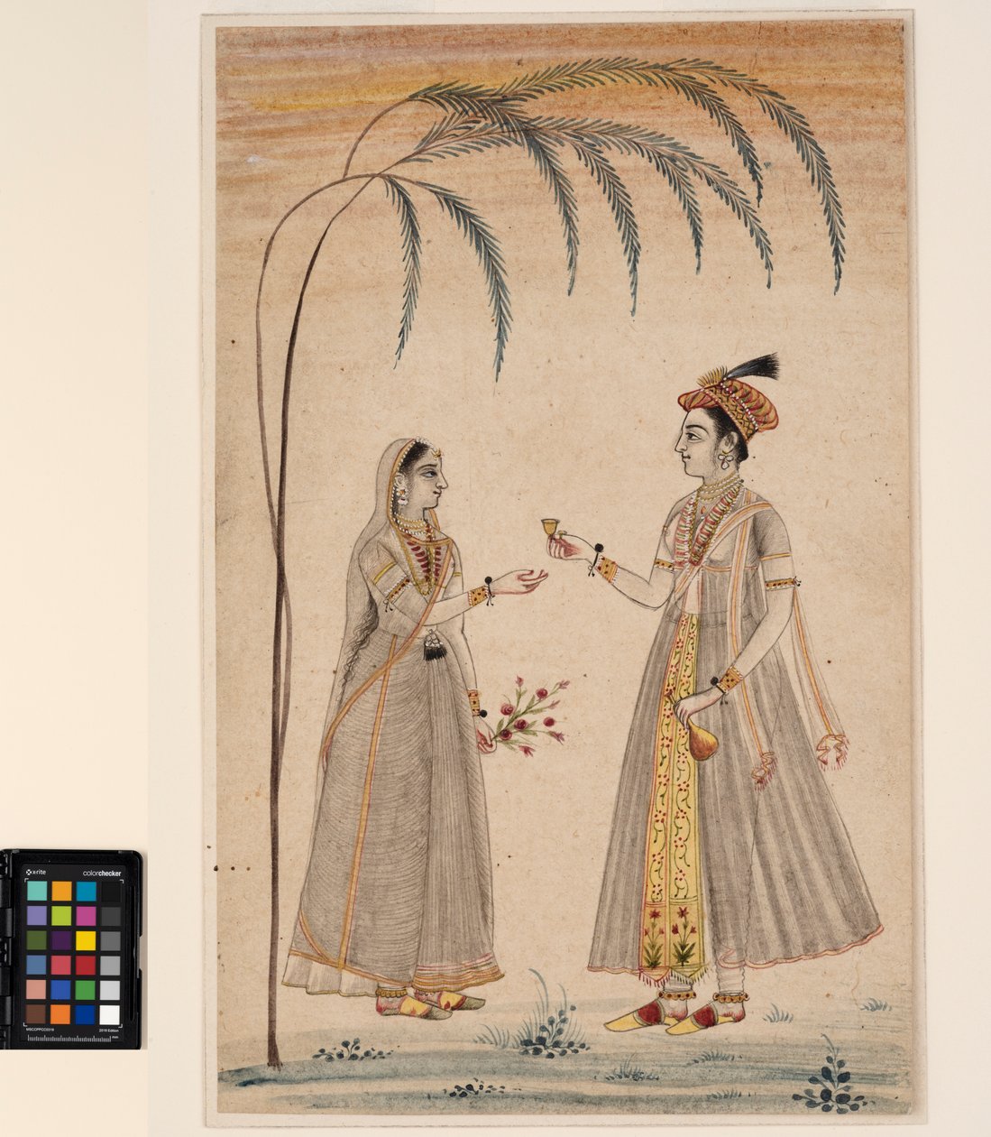 امرأتان تحت شجرة حوالي عام 1750 (ألوان مائية غير شفافة وذهبية على ورق) بواسطة المدرسة الهندية