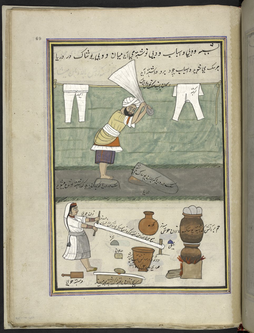 غسالة وغسالة ،  86 رسمة مجمعة في مجلد تصور الحرف والمهن في كشمير ، يظهر الحرفيون في العمل بأدواتهم ومعداتهم ،  بواسطة فنان من كشمير ، ربما في سريناغار ، حوالي 1850-60 (غواش على ورق) بواسطة المدرسة الهندية