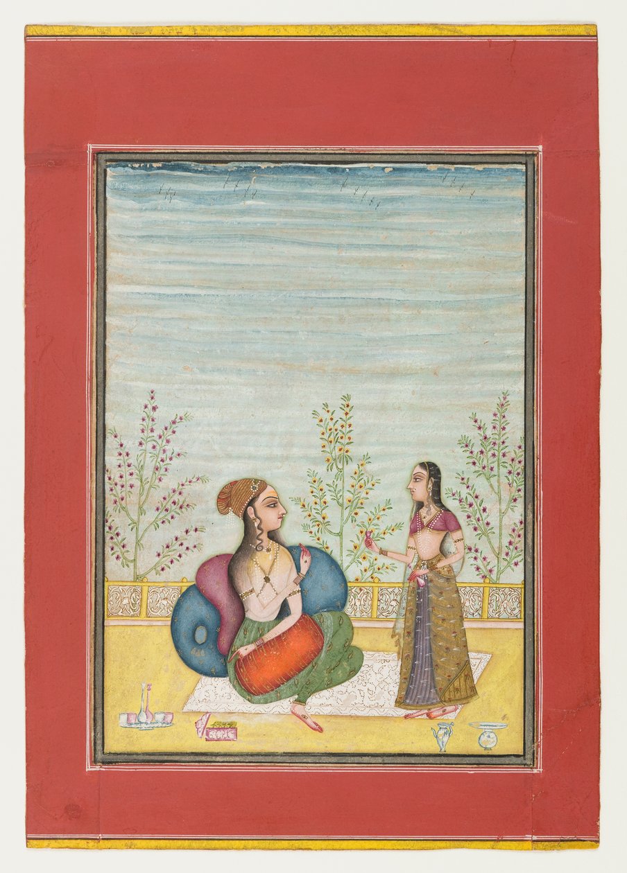 امرأة ومرافقة ، c.1700-10 (مرحاض غير شفاف وذهب على ورق) بواسطة المدرسة الهندية