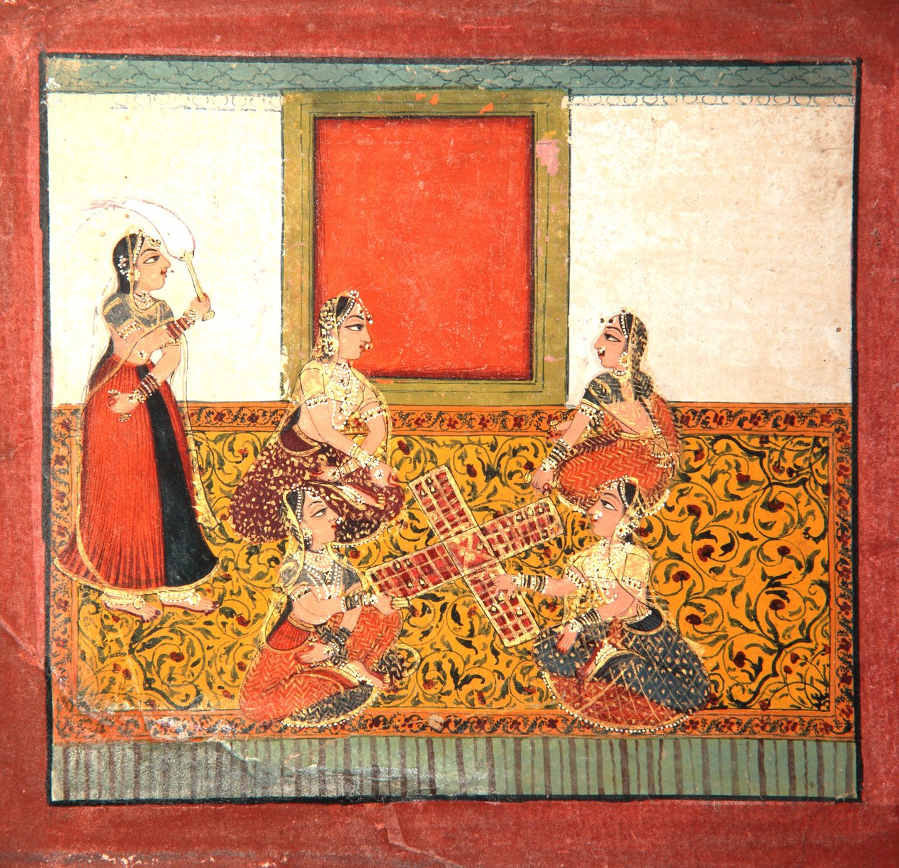 نساء يلعبن الباراتشي ، يجلسن على أرضية صفراء منقوشة ، c.1725 (مرحاض غير شفاف وذهب على ورق) بواسطة المدرسة الهندية