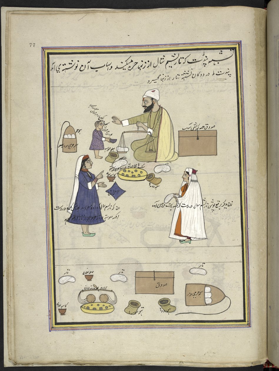 النساء يعيدن شال الصوف المغزول ،  86 رسمة مجمعة في مجلد تصور الحرف والمهن في كشمير ، يظهر الحرفيون في العمل بأدواتهم ومعداتهم ،  بواسطة فنان من كشمير ، ربما في سريناغار ، حوالي 1850-60 (غواش على ورق) بواسطة المدرسة الهندية