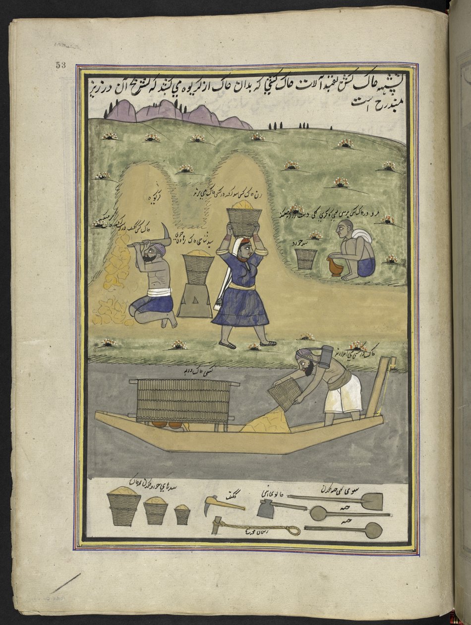 عمال حفر الأرض ونقلها.  86 رسمة مجمعة في مجلد تصور الحرف والمهن في كشمير ، يظهر الحرفيون في العمل بأدواتهم ومعداتهم ،  بواسطة فنان من كشمير ، ربما في سريناغار ، حوالي 1850-60 (الغواش في بواسطة المدرسة الهندية