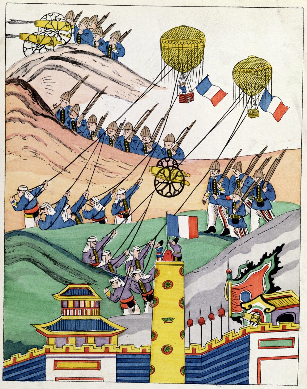ملصق يظهر القوات الفرنسية باستخدام البالونات التي تم الاستيلاء عليها في وقت غزو تونكين ، 1884 بواسطة المدرسة الصينية الهندية