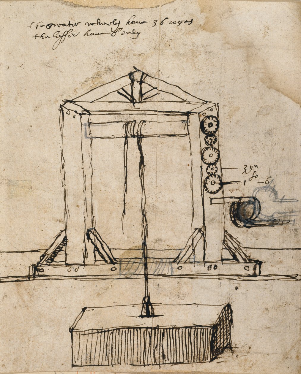 Diagram for a pulley lifting masonry (pen & ink on paper) بواسطة إنيجو جونز