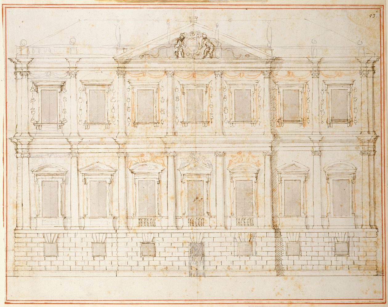 Elevation of the penultimate design for Banqueting House, Whitehall, c.1619 (pen & ink on paper) بواسطة إنيجو جونز