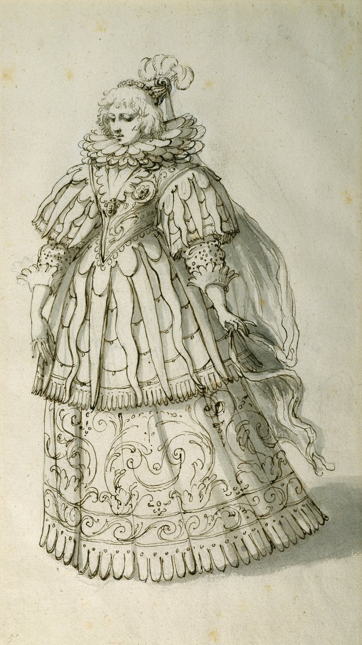 Masquer، c.1638 (قلم وحبر على ورق) بواسطة إنيجو جونز