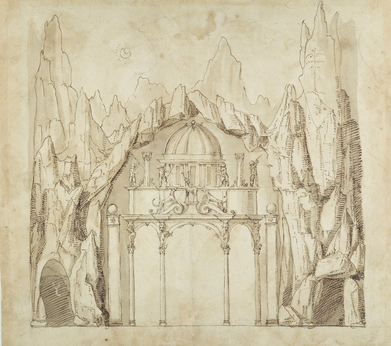 Palace in a cavern, c.1611 (pen & ink on paper) بواسطة إنيجو جونز