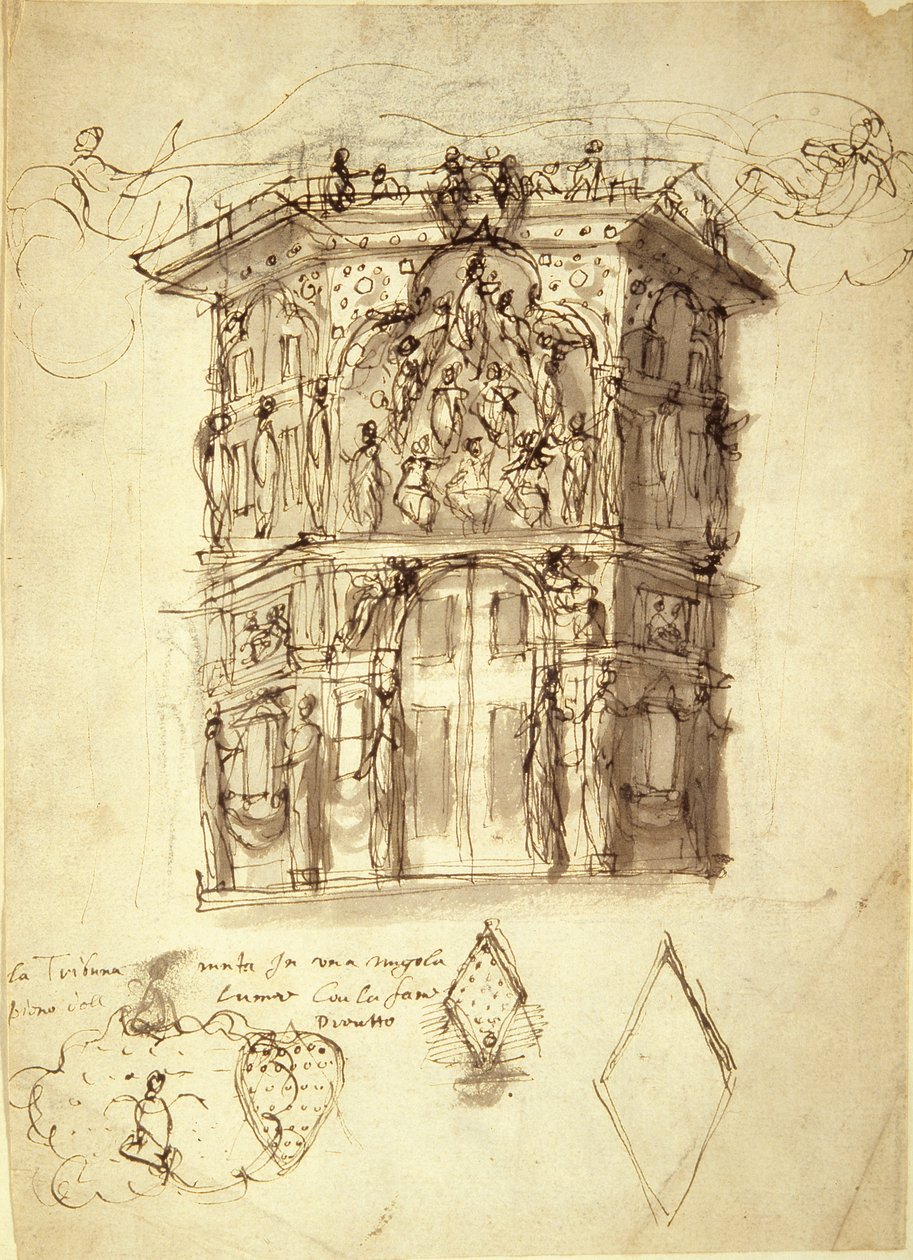 The Masque of Queens, scene 2: the House of Fame, c.1609 (pen & ink on paper) بواسطة إنيجو جونز