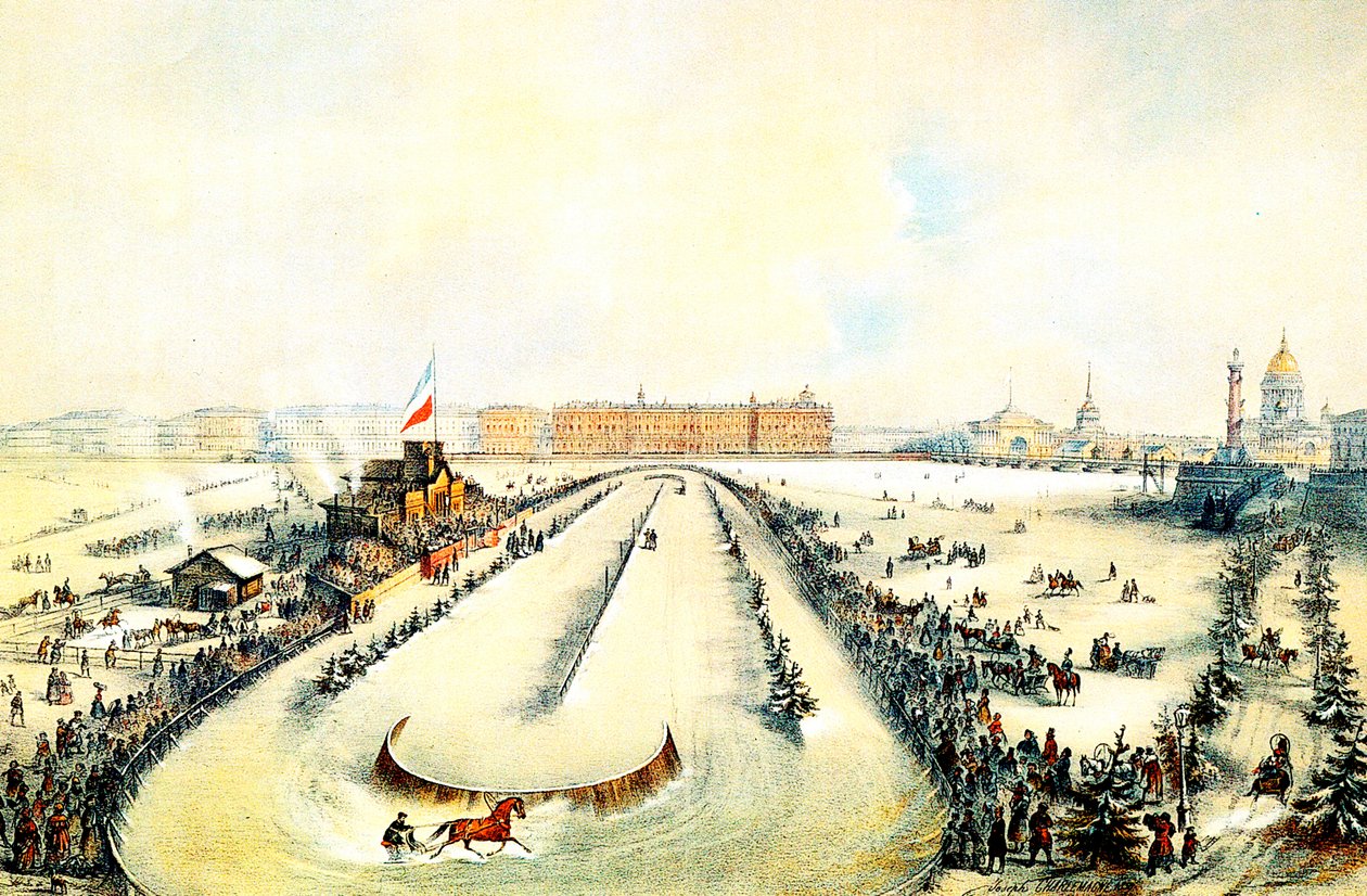 سباق الخيل على نهر نيفا المجمد في سان بطرسبرج ، روسيا ، 1859. بواسطة يوسف أدولفوفيتش شارلمان