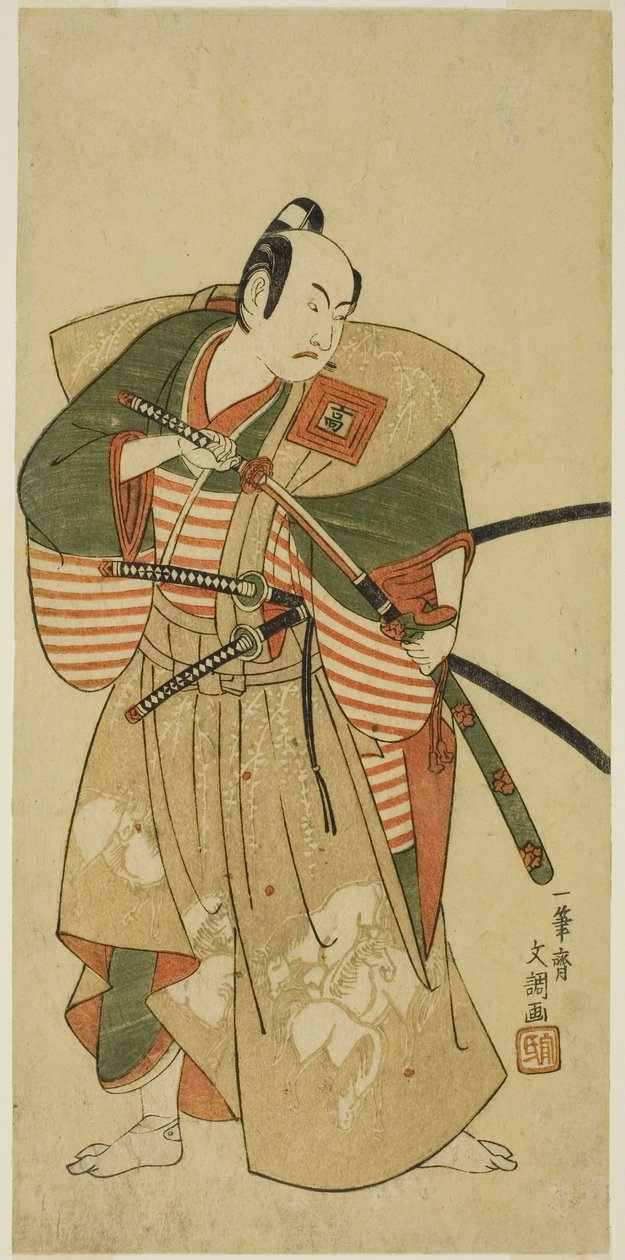 الممثل Ichikawa Komazo II بدور Kudo Saemon Suketsune (؟) في مسرحية Haru wa Soga Akebono-zoshi (؟) ، تم أداؤه في مسرح ناكامورا (؟) في الشهر الأول ، 1772 (؟) بواسطة إيبيتسوساي بانشو