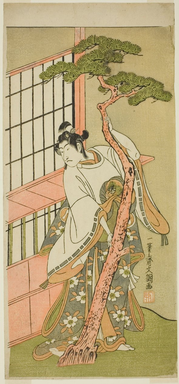الممثل Ichikawa Monnosuke II بدور Tsunewaka-maru في مسرحية Iro Moyo Aoyagi Soga ، تم أداؤه في مسرح ناكامورا في الشهر الثاني ، 1775 بواسطة إيبيتسوساي بانشو