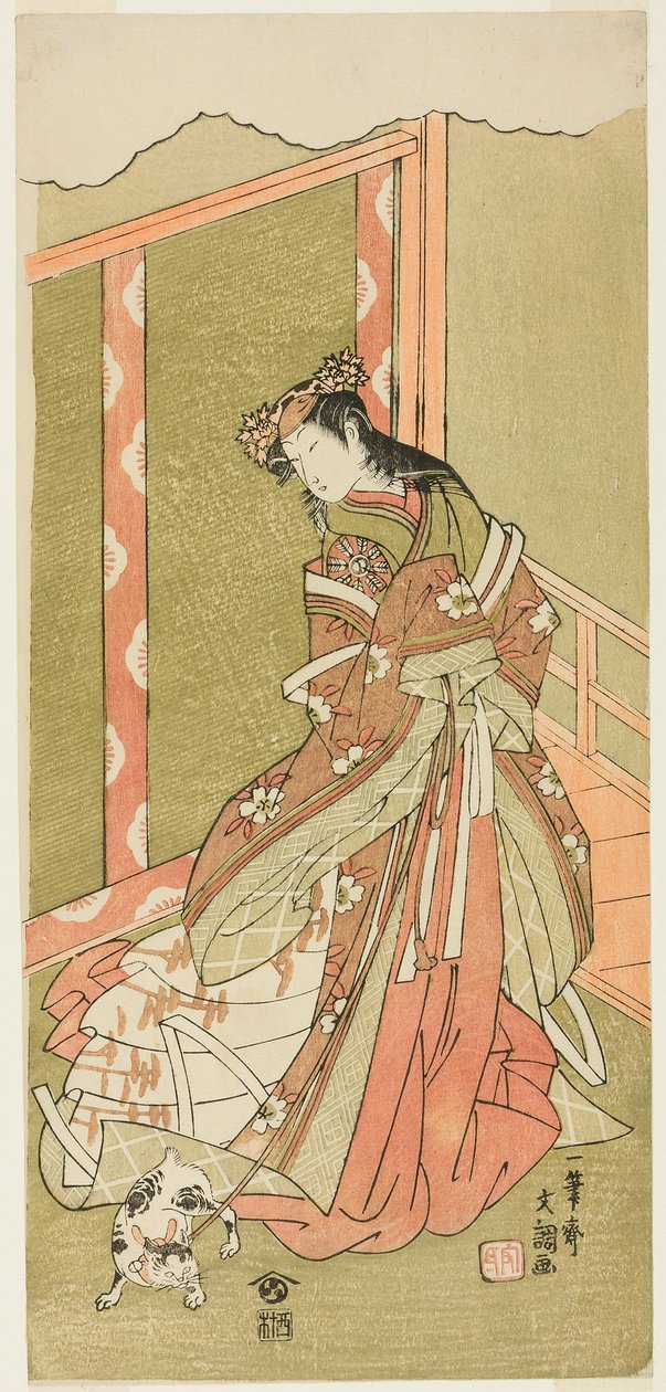 الممثل ناكامورا نوشيو الأول بدور الأميرة الثالثة (نيوسان نو ميا) في مسرحية Fuki Kaete Tsuki mo Yoshiwara (السقف المعدني: القمر يضيء أيضًا فوق منطقة Yoshiwara Pleasure District) ، تم عرضه في مسرح Morita من اليوم الأول من الشهر الحادي عشر بواسطة إيبيتسوساي بانشو