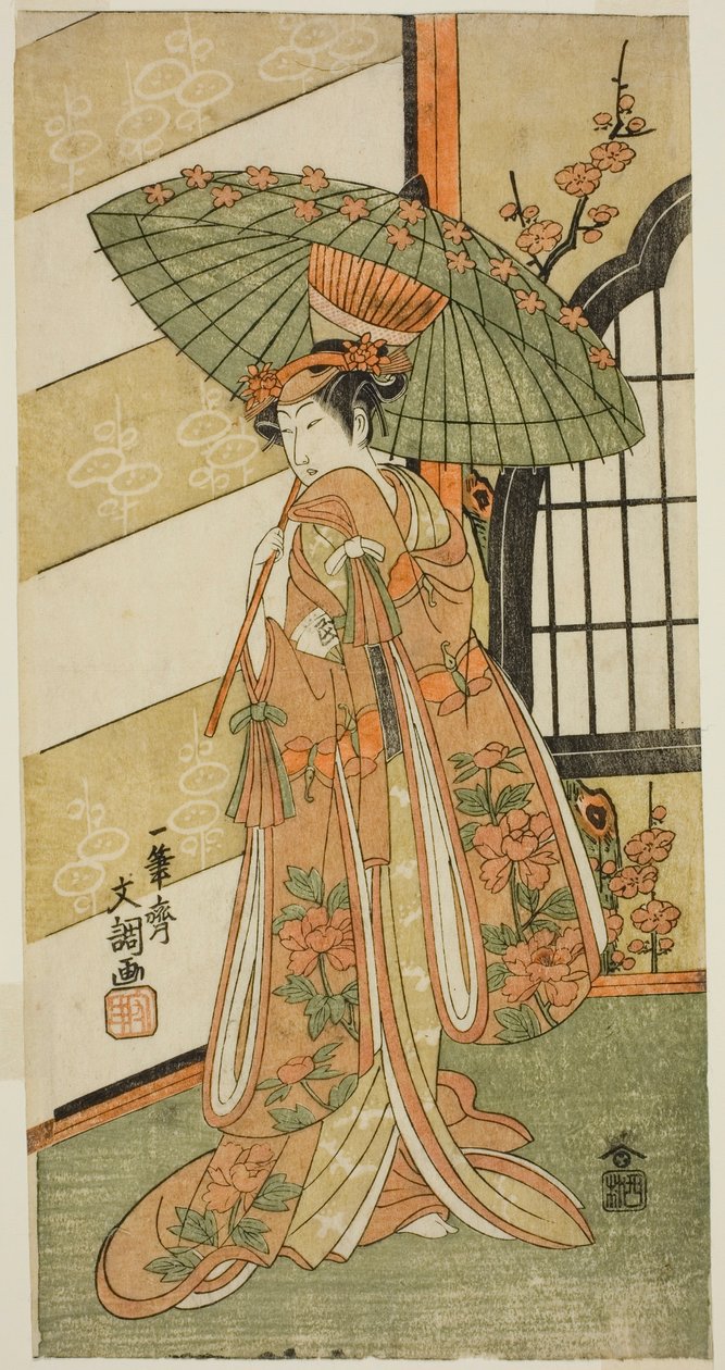 الممثل Onoe Tamizo I بدور Nishikigi في مسرحية Mutsu no Hana Ume no Kaomise ، تم عرضه في مسرح Ichimura في الشهر الحادي عشر ، 1769 بواسطة إيبيتسوساي بانشو